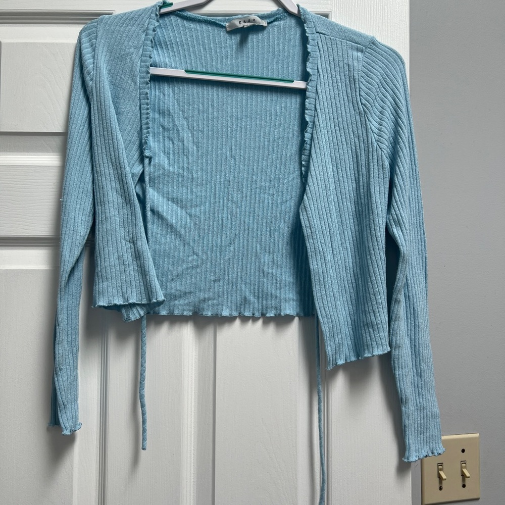 Gaze Baby Blue Ribbed Tie-Front Crop Top